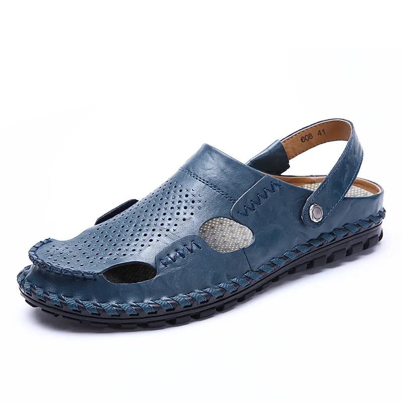 Erkek Sandalet/летние сандалии для мужчин; Кожаные Классические римские сандалии; ; шлепанцы; кроссовки; пляжная Мужская обувь для походов; Цвет Синий - Цвет: Enlen-608-Blue