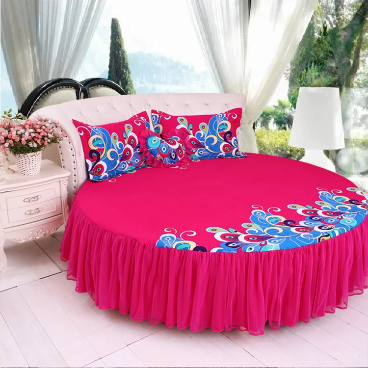 Perfect LACE ROUND Corner Bed Europe Orange color Flower Bedding sets Cotton Round Double Bed sheet Duvet cover Pillow case Bedskirt 66