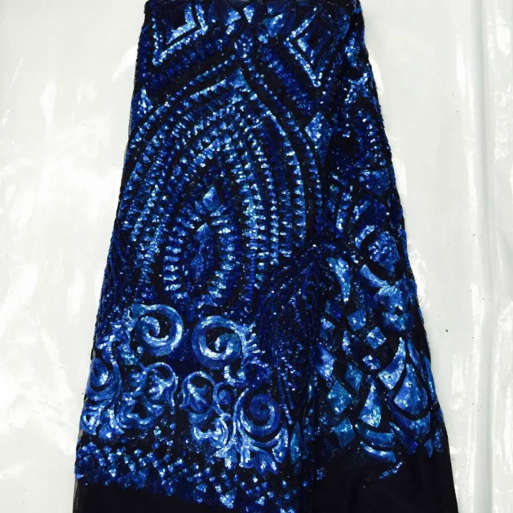 Excellent black French net lace fabric decorated with royal blue ...