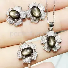 Звездный сапфировый ювелирный набор 1.55ct* 4 шт драгоценные камни sapphrie 1 шт кулон 1 шт кольцо 1 пара серьги-гвоздики серебро 925 пробы