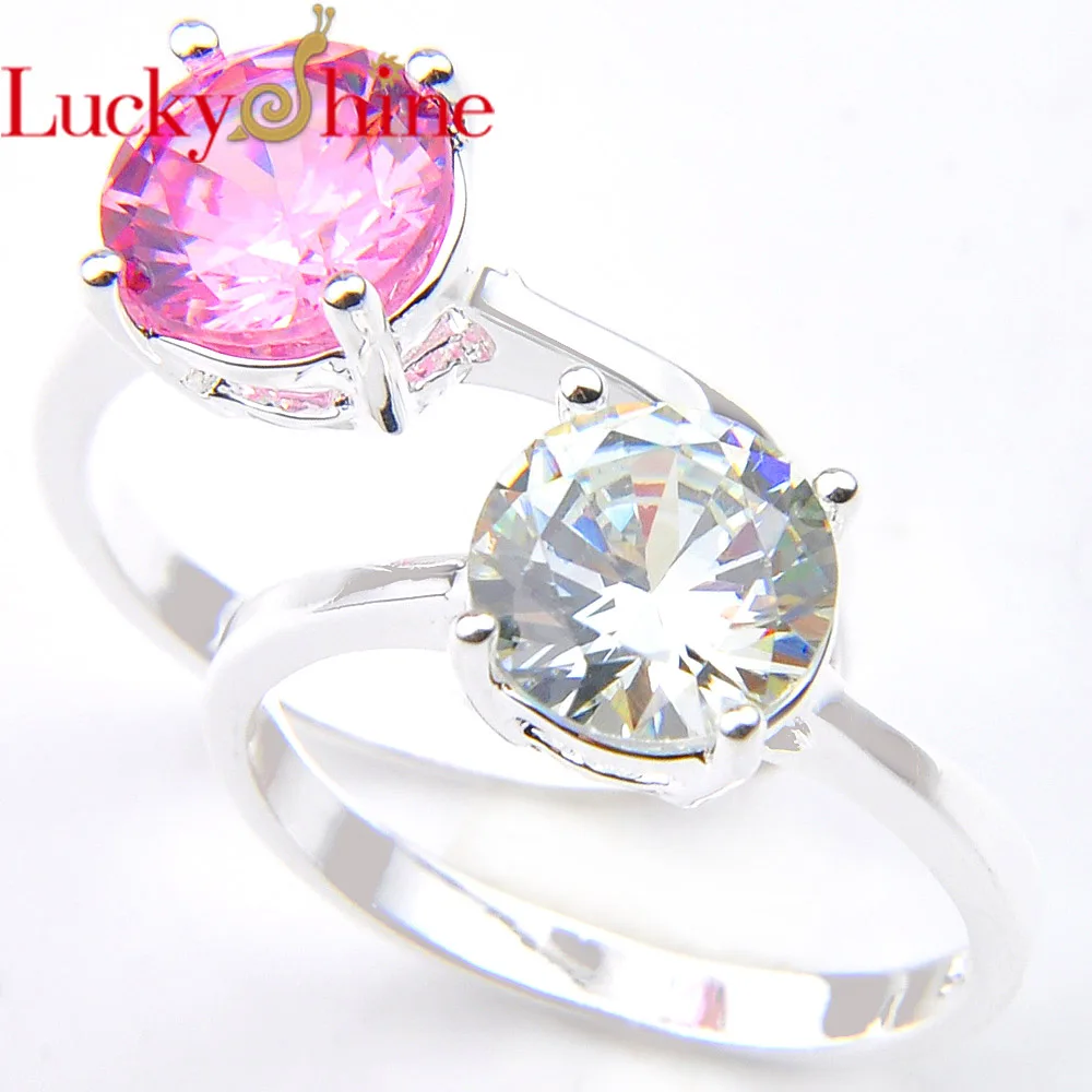 

Luckyshine New Pink White Round Crystal Cubic Zirconia Rings Silver Women Fashion Wedding Party Ring Jewelry US Size7-9