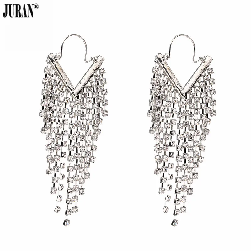 

JURAN Luxury Crystal Long Tassel Earrings for Women Rhinestone Fashion Big Hanging Earrings Bridal Wedding Jewelry