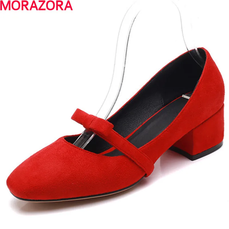 

MORAZORA new bowknot square toe spring female pumps shallow slip on high heels square heel sweet wedding shoes ladies shoes