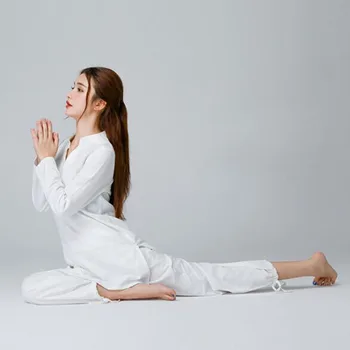 

2019 New White Women Yoga set Two piece Plus size Sportswear Running Fintess Exercise clothing long sleeves cotton and linen