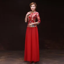 Traditional Chinese Wedding Qipao Satin Cheongsam Dress 2017 Autumn Red Bride Embroidery Dragon Phoenix Clothing Vintage Qi Pao