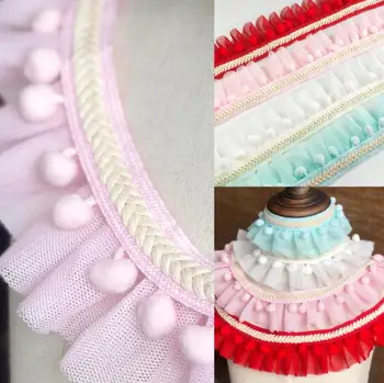 

5Yards Pleated Pompom Ball Lace Trim Doll Bubble Skirt Ruffle Mesh Lace Ribbon Fabric Accessories Tutu Lace Wedding Decortion