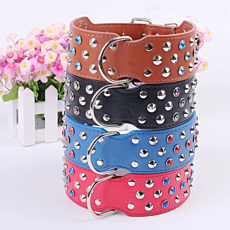 #*Cheap 4 Colors Large Dog Collars Leather Dog Collar With Rhinestone Rivet For Golden retrievers mastiffs samoyeds German shepherd Ra