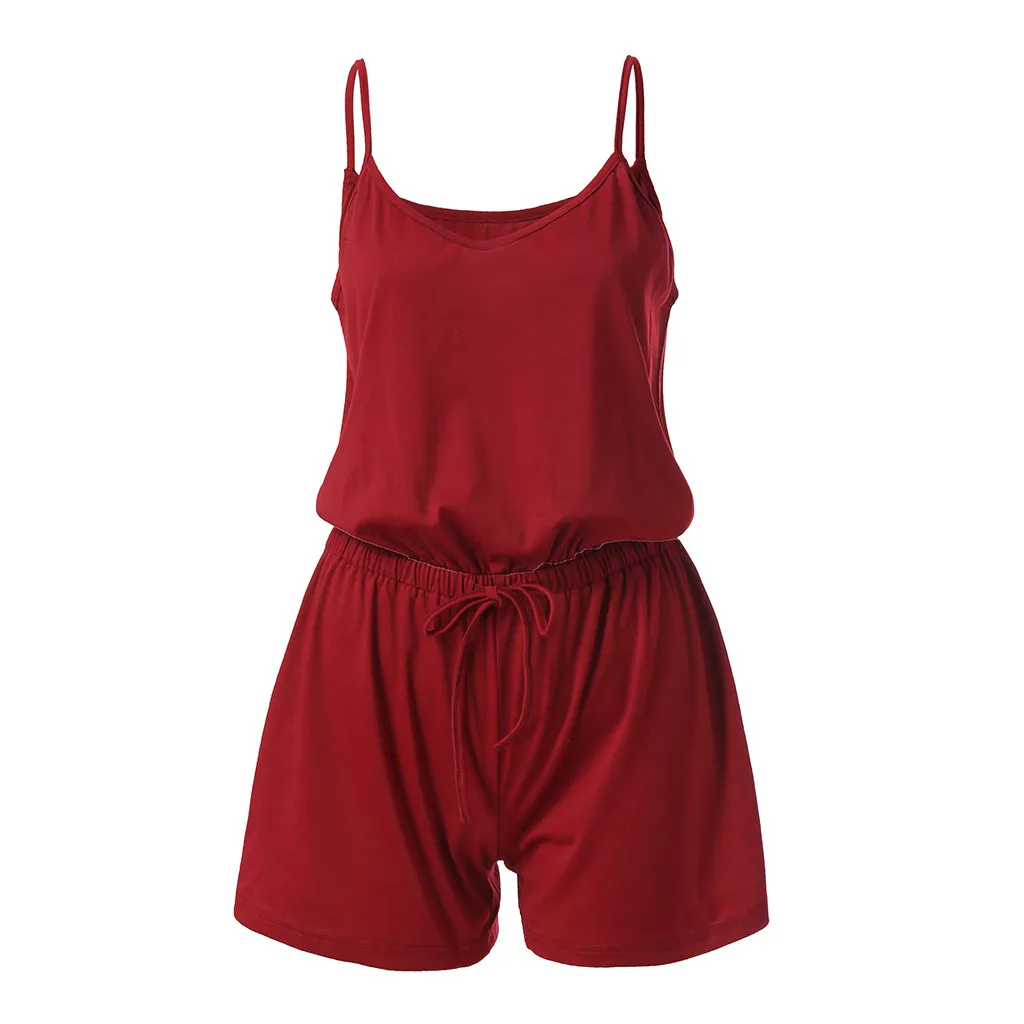 Летний однотонный пляжный костюм для женщин, без рукавов, на завязках, короткий Детский костюм, комбинезон# C - Цвет: Red