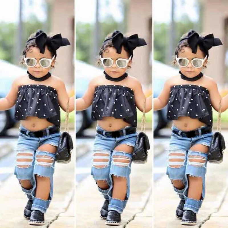 

Kids Set Summer Girls Tops Shirt + Bow Headband + Hole Jeans 3pcs Clothes Set Girls Denim Pants Fashion Costume Crianca Roupas