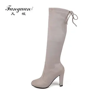 

Fanyuan Autumn Winter Flock/PU Leather Slip On Sock Knee High Boots Fashion Ladies Tight Long Boots Block High Heels bota Women