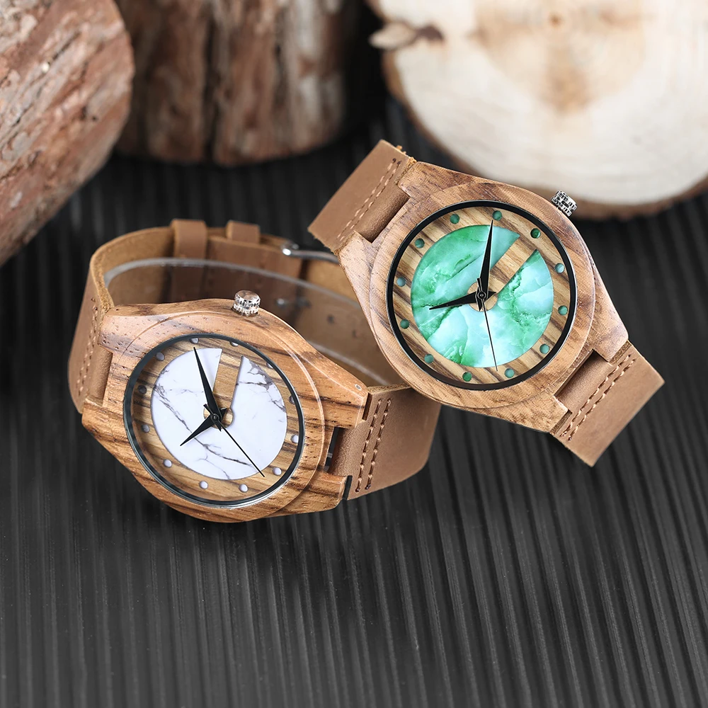 Natural Bamboo Wood Wrist Watch Special Marble Dial Bangle Quartz Watches Genuine Leather Watch Strap Men Women Clock Relogio (23)