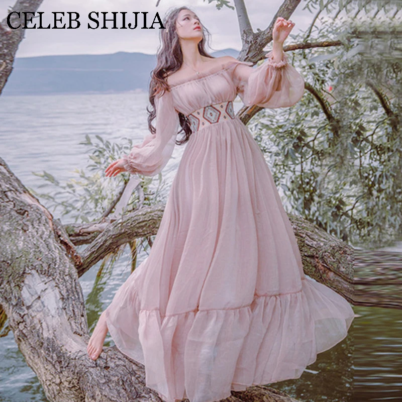 

Autumn new Woman slash neck dress long-sleeved strapless vintage casual night praty Long dress pink vestidos de festa