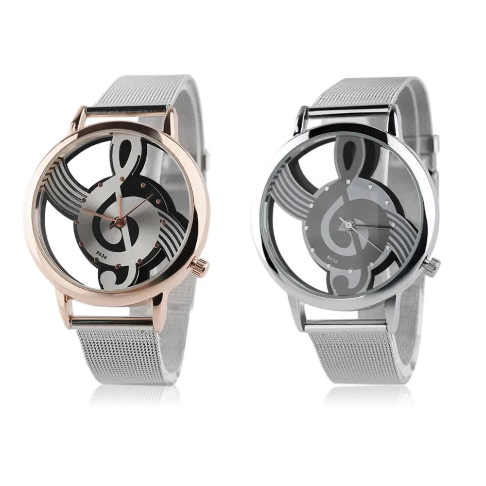 

Creative Fashion Design Unisex Watches Hollow Out Music Note Pattern Stainless Steel Mesh Strap Analog Quartz Wristwatch