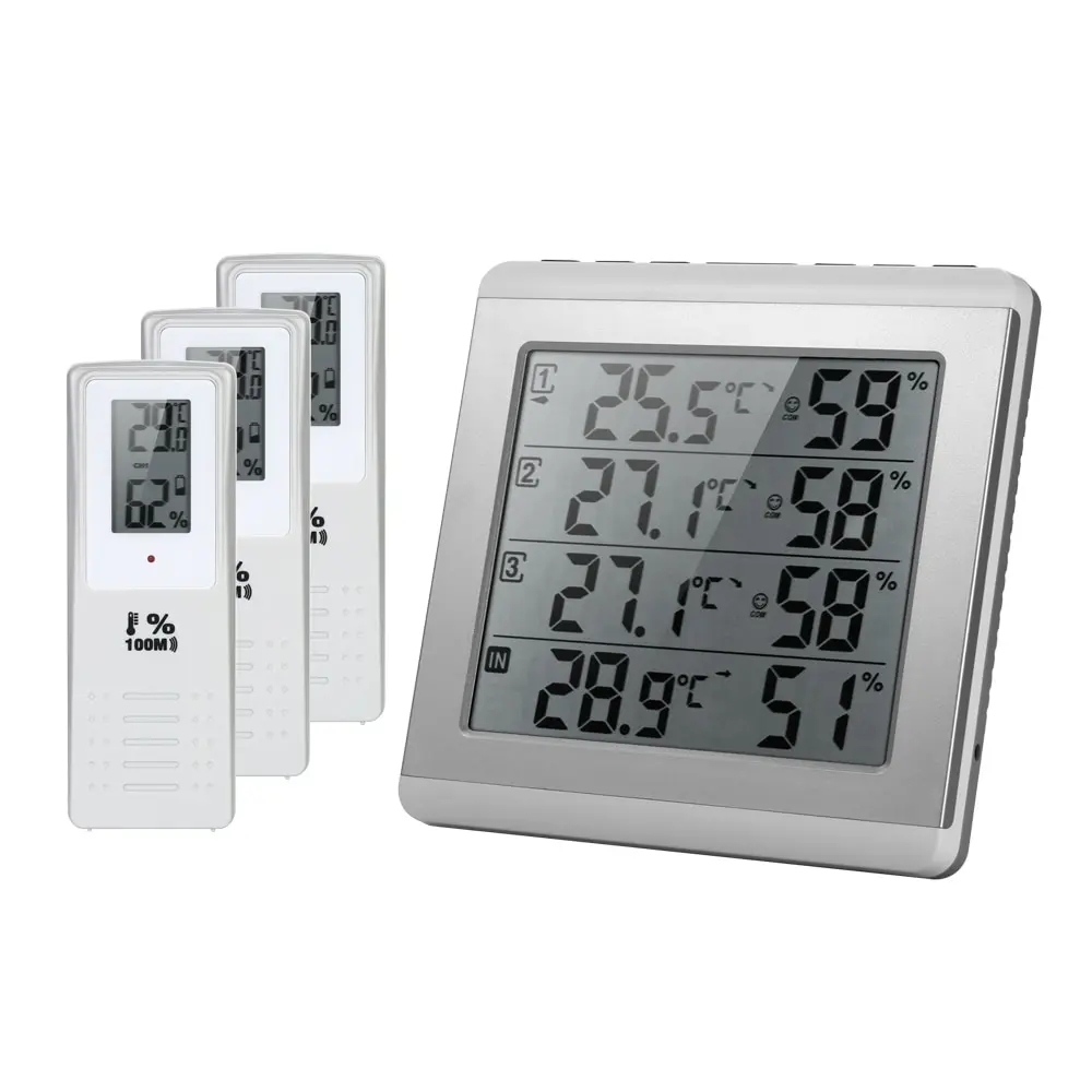

Digital Wireless Thermometer Hygrometer Four-channel Temperature Humidity Meter with 3 Outdoor Transmitter Comfort Level LCD