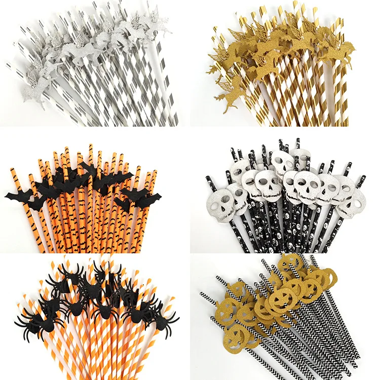 25pcs/lot Creative Paper Party Straws Kids Birthday Wedding spider bat Shantou Gold pumpkin Little Pegasus Paper Drinking Straws