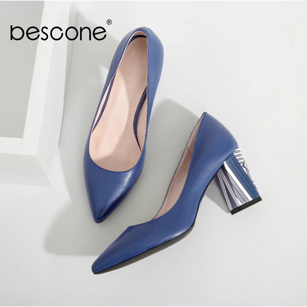 BESCONE Genuine Leather Office Woman Pumps Design Pointed Toe Slip On Lady Shoes Fashion Patterned Square Heel Female Shoes A84