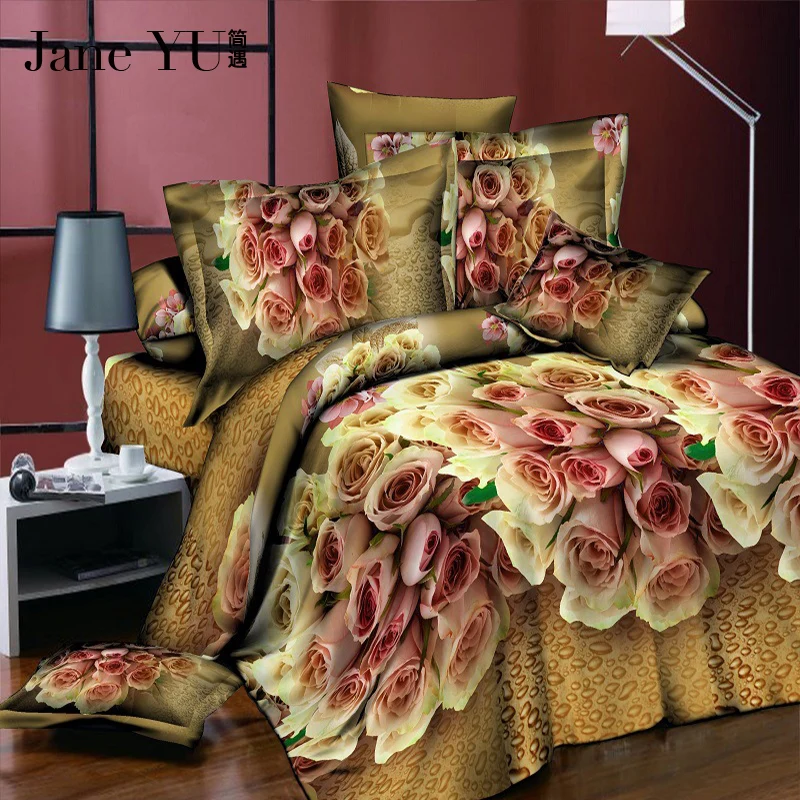 JaneYU 4 шт. king size роскошное 3D постельное белье с рисунком розы наборы красный цвет одеяло набор покрывало простыня наволочка для свадьбы