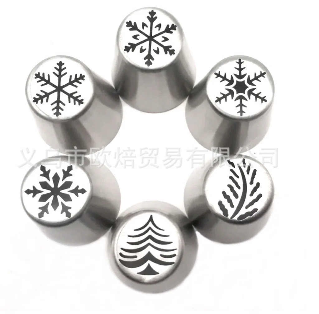 

6pcs Icing Piping Tips Christmas Tree snowflake Russian Leaf Nozzle Bakeware Cupcake Cake Decorating Pastry Baking Tools k082