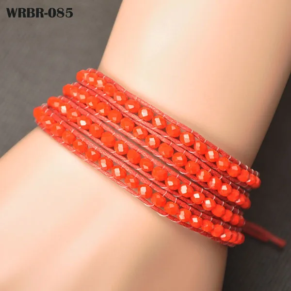

Free Shipping New Charm Bracelet Handmade Leather Bracelet 4 Rows Bracelet 6mm Crystal Beads Leather Wrap Bracelets WRBR-085