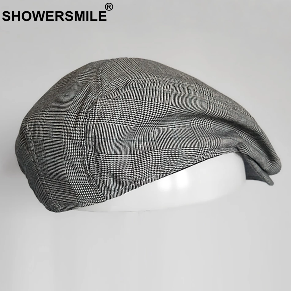 SHOWERSMILE, повседневная мужская кепка, летняя, льняная, берет, шапка, мужская, в клетку, серая, гусиная лапка, дышащая Кепка, s бренд, Duckbill, кепки для езды