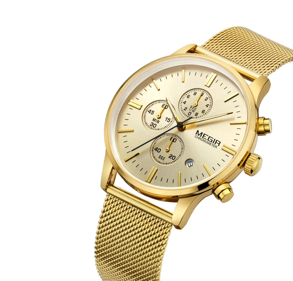 MEGIR, Мужские кварцевые часы с хронографом, нержавеющая сталь, сетчатый ремешок, золотые часы, тонкие мужские часы, многофункциональные спортивные наручные часы