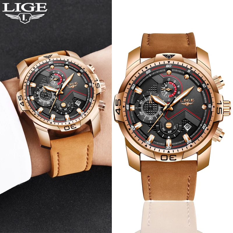 

LIGE Mens Watches Top Brand Luxury Military Sport Watch Leather Waterproof Wristwatch Date Watch Leather clock Relogio Masculino
