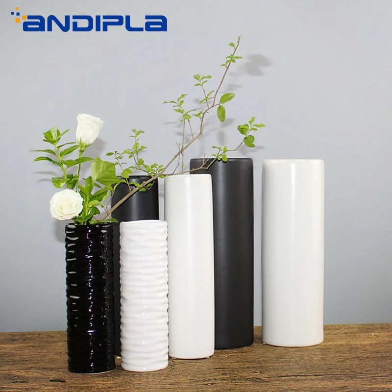 

Brief Modern Home Decoration Cylindrical Vase White Black Vase Ceramic Planters Tabletop Hydroponic Flowerpot Ikebana Containers