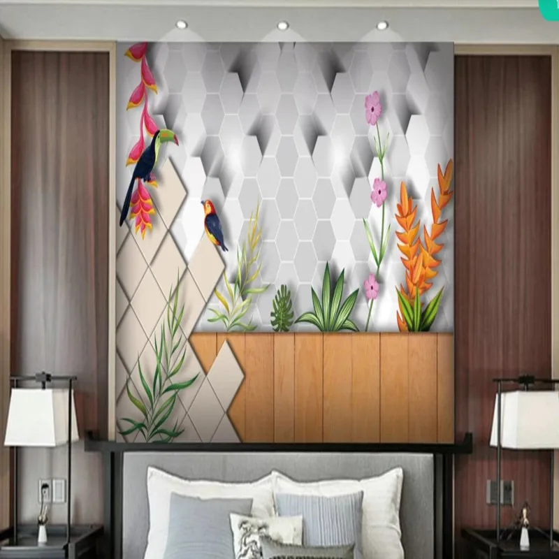 

Diamond Square Hand Drawn Flowers and Birds Nordic Bedroom Living Room TV Background Wall
