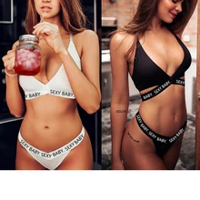 1 комплект, черный, белый, Женский Сексуальный Бандаж с буквами, комплект нижнего белья, спортивный бюстгальтер пуш-ап и стринги, летний костюм размера плюс, комплект нижнего белья