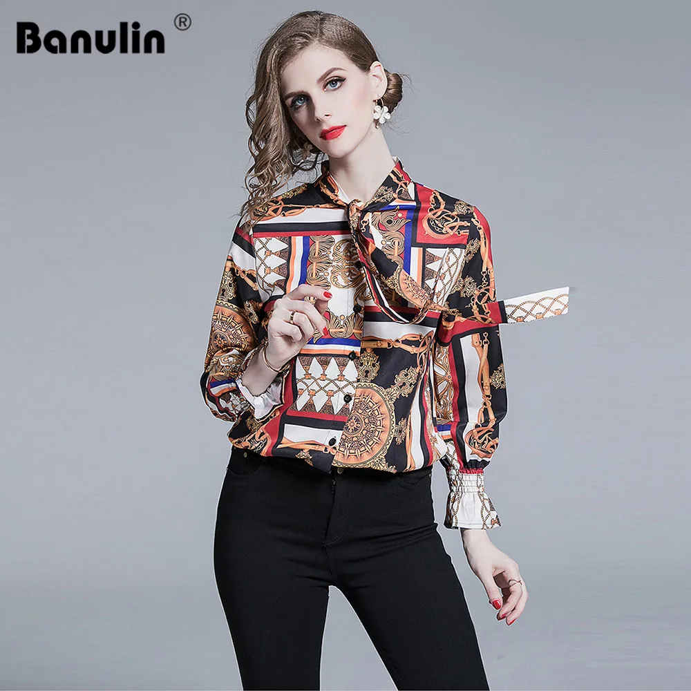 

Banulin Women Retro Blouse 2019 Summer Spring Long Sleeve Floral Print Elegant Tops Ladies Office Fashion Runway Blouses Shirts