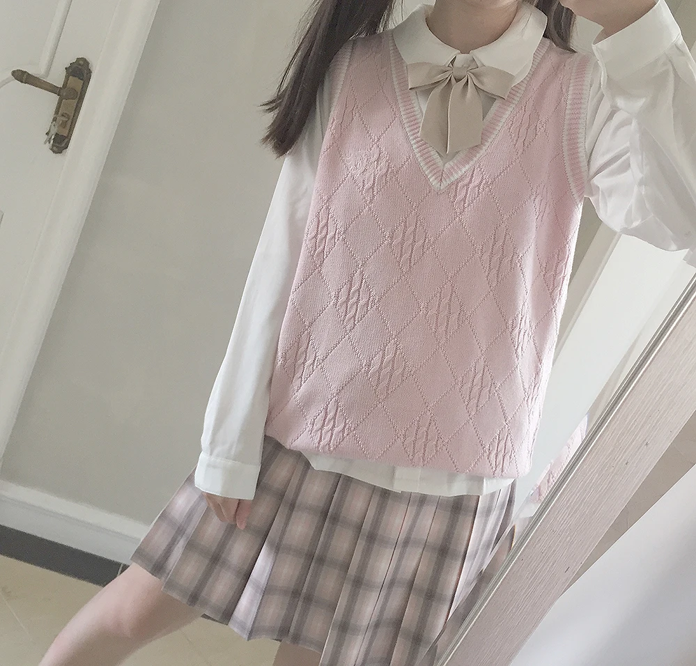 Очень милая розовая британская школьная форма для девочек, жилет с v-образным вырезом, японский свитер без рукавов JK, хлопковые топы, размер S-XXL