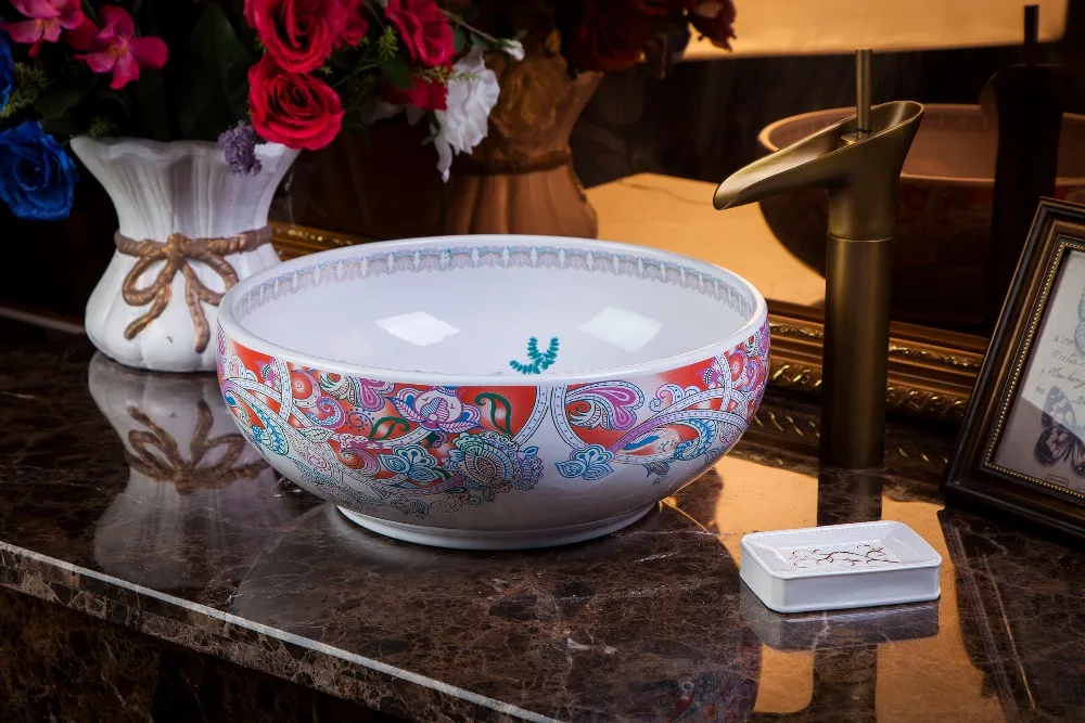 Chinese Europe Vintage Style Art wash basin Ceramic Counter Top Wash Basin Bathroom Sinks blue and white flower wash basin (6)