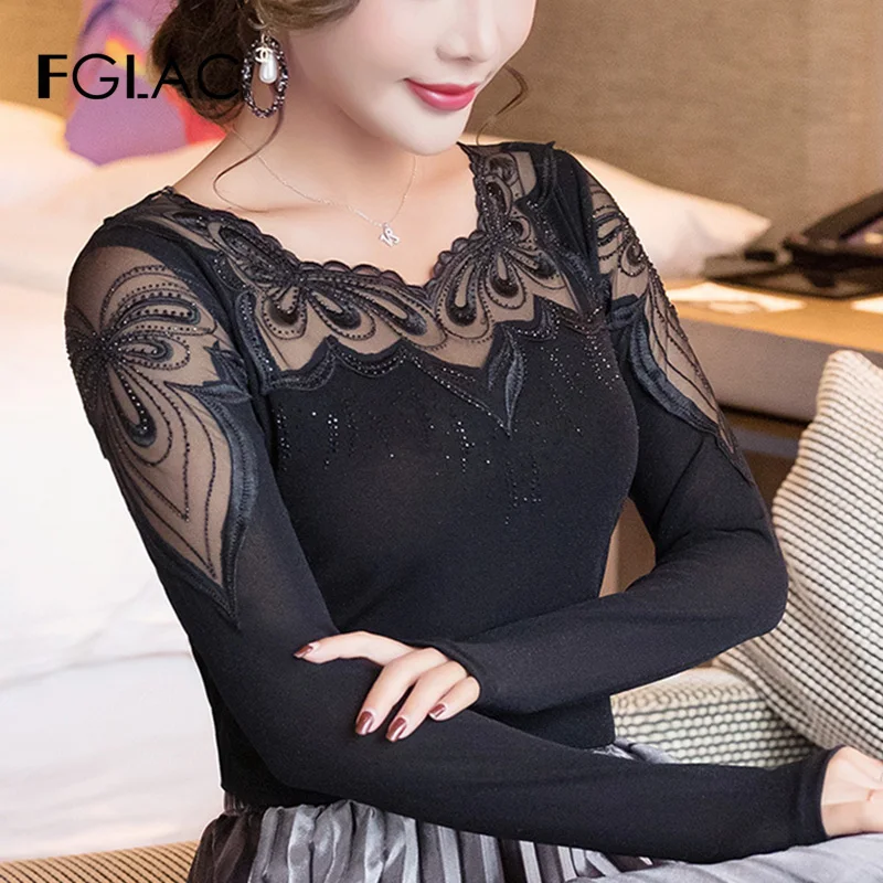 

FGLAC Women long sleeve mesh tops Fashion casual hollow out Women's blouse shirt Plus size patchwork shirt