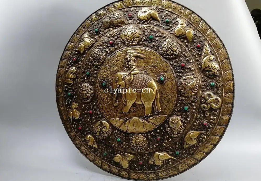 

23'' Nepal Bronze Gold Eight Auspicious Symbols animal Elephant wall decor