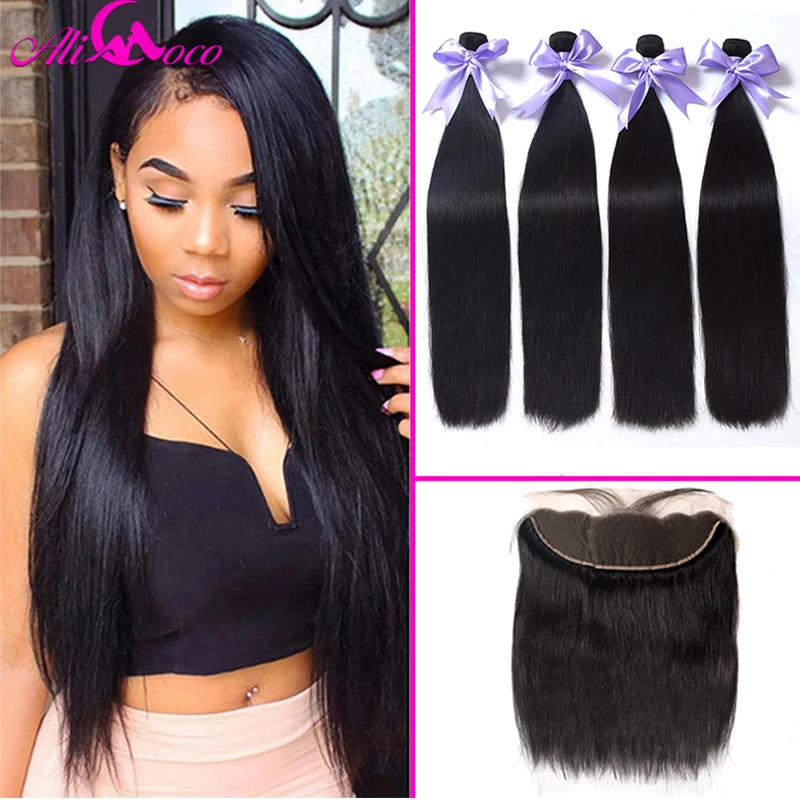 online Coco Ali Brasileiros Feixes de Cabelo Em Linha Reta com Feixes de Cabelo Humano Do Laço Frontal Com a Orelha a Orelha Fechamento 13X4 lace Frontal NonRemy