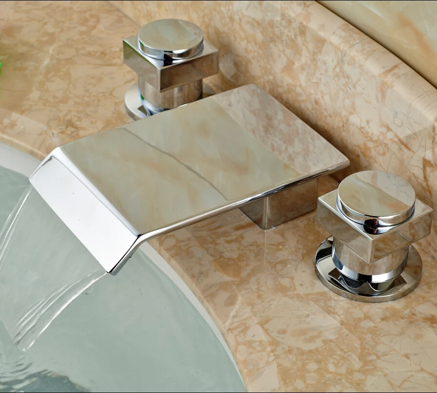 

Chrome Square Waterfall Bathroom Basin Sink Faucet Widespread Double Handle Mixer Tap