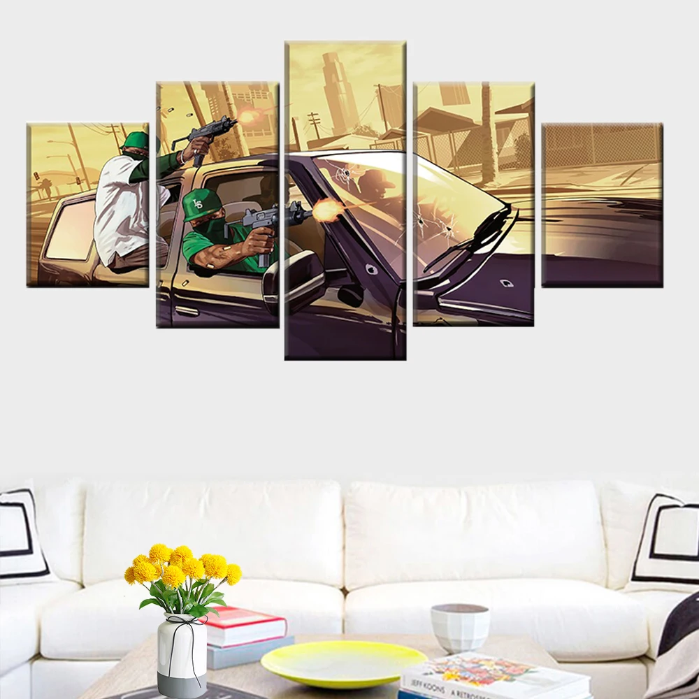 5 pieces of Grand Theft Auto Pistol Fighting Painting Poster Canvas Modern Art Wall Home Decoration Children's Room | Дом и сад