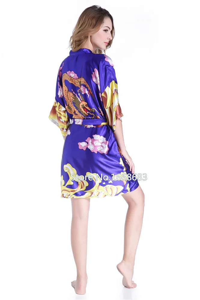 Темно-синий винтажный цветочный принт для молодой леди Атласный халат с коротким рукавом кимоно платье Новинка банный халат ночная рубашка с v-образным вырезом