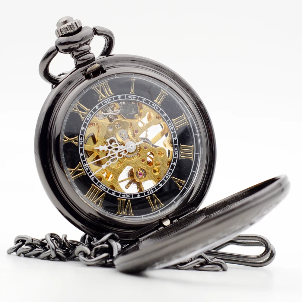 Cool Black Hollow Clamshell Hand Wind Mechanical Pocket Watch Mens Fob