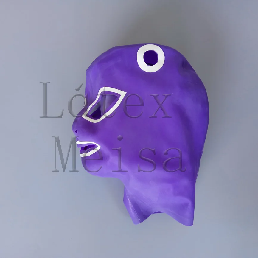 

Zentai latex hoods open eyes nostrils mouth and hair holes in purple color with back zip for adults