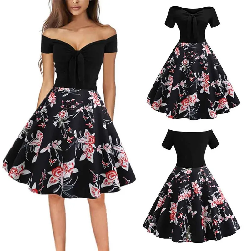 Women Vintage 1950s Retro Off Shoulder Printing Evening Party Prom Swing Dress 2019 Spring summer harajuku modis gothic R25 (9)