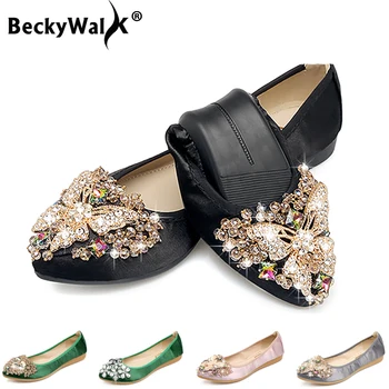 

4 Colors Ladies Flats Shoes Women Spring Summer Foldable Ballet Flats Pointed Toe Rhinestone Slip On Loafers Casual Shoes Woman