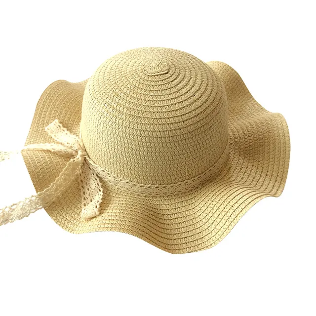 Girls Summer Cap Black Ribbon Decorate Wavy Straw Hat For Girls Children Panama Hat Kids Sun Cap Baby Beach Hats beige