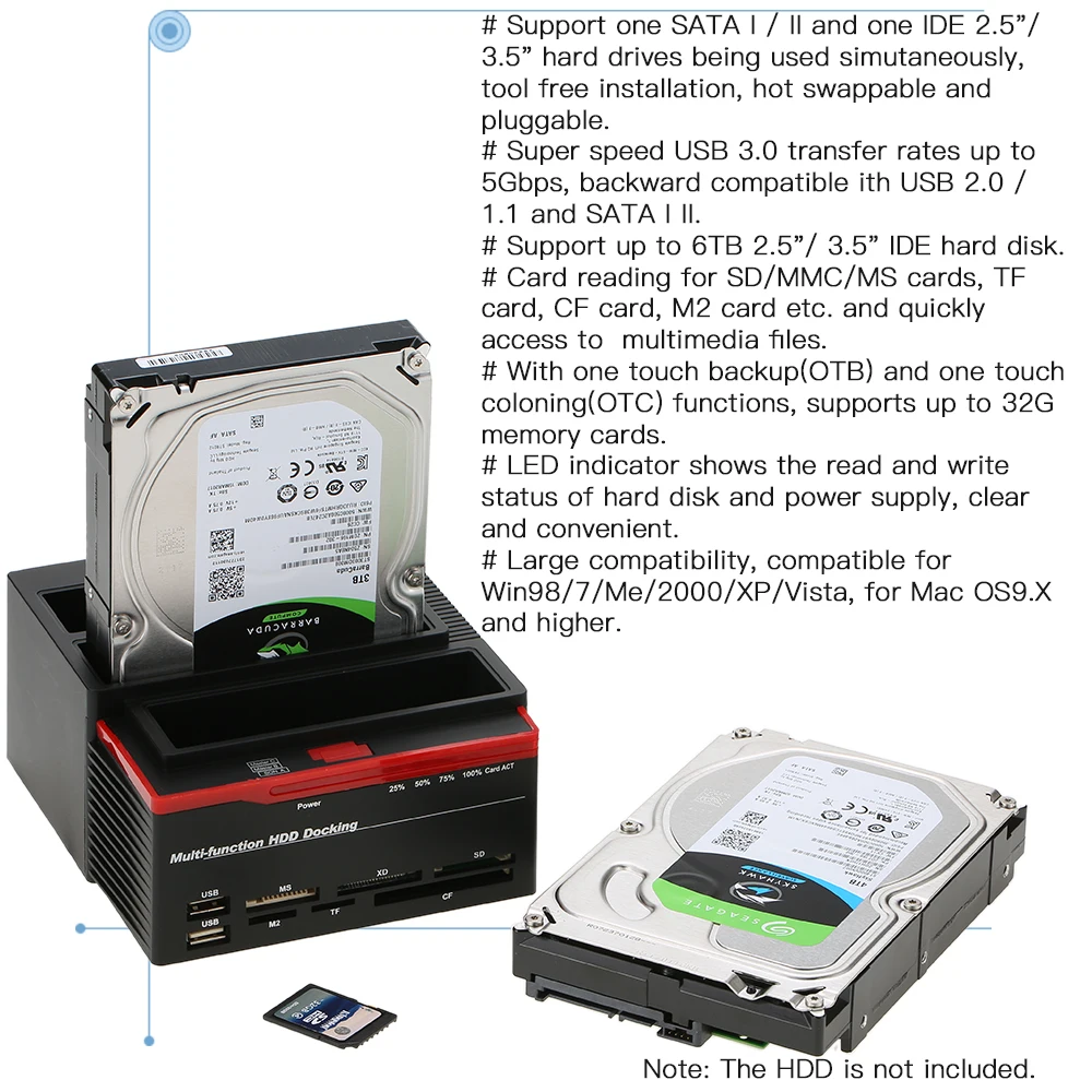 2," /3,5" USB 3,0-2 порта SATA 1 порт IDE Внешний жесткий диск Док-станция кардридер USB3.0 концентратор с OTB/OTC в автономном режиме