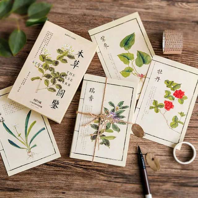 30pcs chinese herbal medicine plant flower vintage postcard greeting