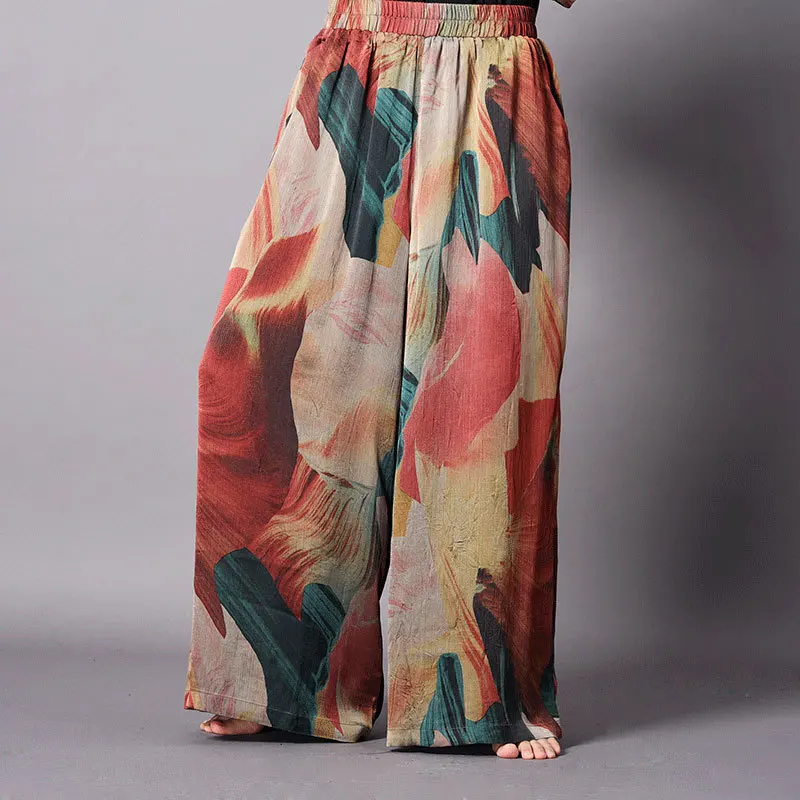 Необычный Шелковый комплект из двух предметов, топы на завязках+ эластичная резинка на талии, широкие штаны свободного размера плюс, винтажная элегантная Летняя женская одежда