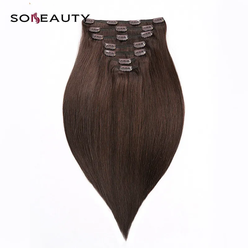Sobeauty прически silky Straight, фабричного производства Волосы remy Клип В Пряди человеческих волос для наращивания пряди человеческих волос для 1B#2#, на заколках, 7 шт./компл - Цвет: #2