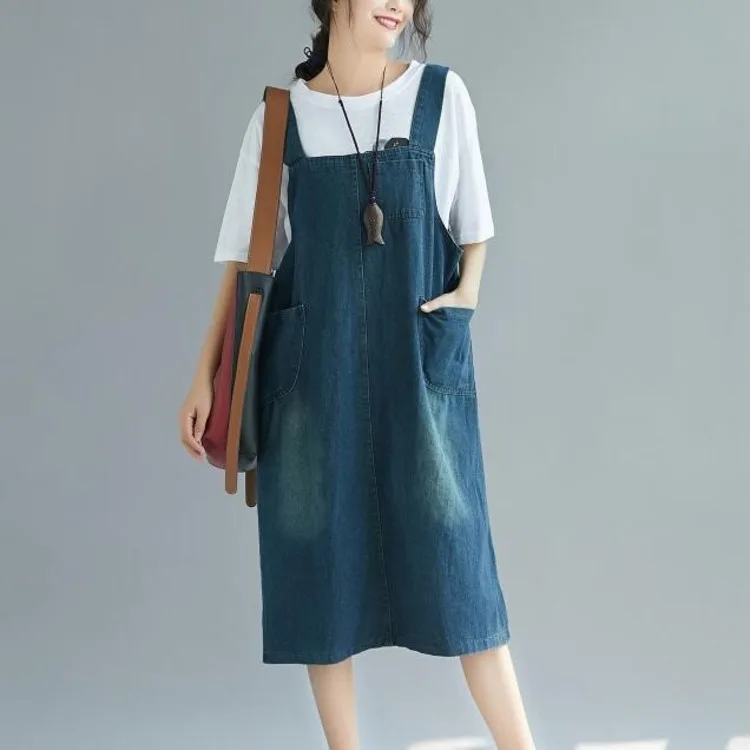 #2464 Spring Summer Denim Dresses Women Overalls Plus Size 4XL Loose Black/Blue Pockets Vintage Jeans Dress Spaghetti Strap