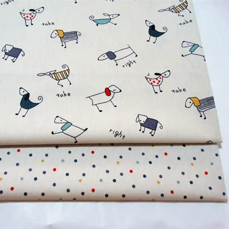 100 Cotton Twill Cloth Beige Cartoon Pet Dog Print Fabric For Diy