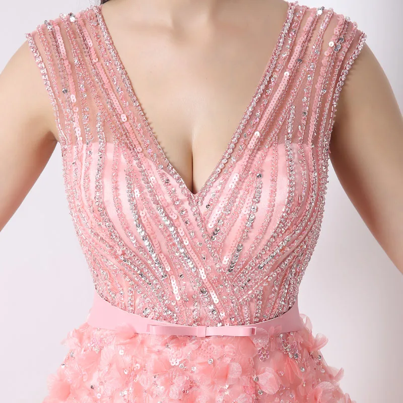 Elegant Pink Tulle V-Neck Evening Dresses Long A-Line 2017 Fashion Beading Applique Prom Gown Custom JS011 Elegant Pink Tulle V-Neck Evening Dresses Long A-Line 2017 Fashion Beading Applique Prom Gown Custom JS011